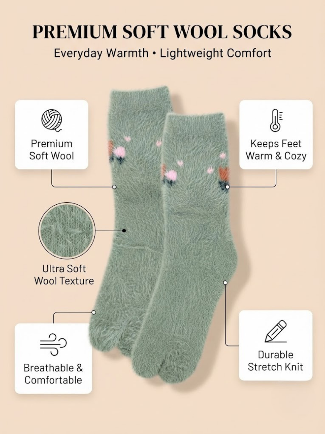 Cdeck Women’s Soft Wool Socks | Warm, Cozy & Stylish Green Floral Socks