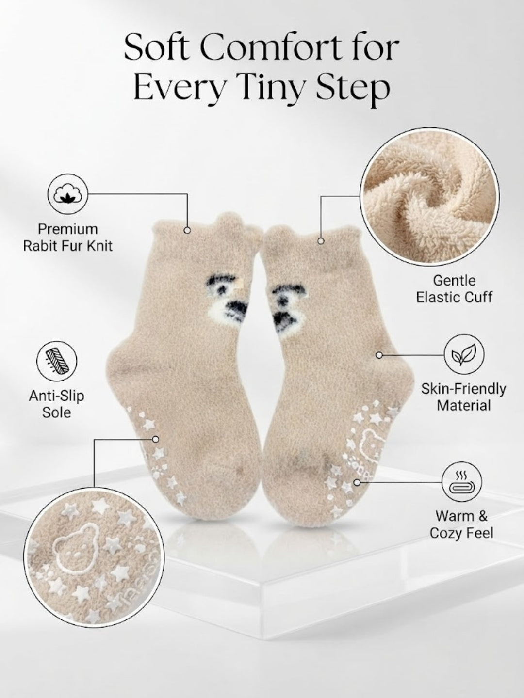 Cdeck Kids Winter Woolen Socks | Soft Fuzzy Rabbit Hair Wool Socks with Anti-Skid Sole | 0–4 Years | Pack of 3 | Grey, Cream & Brown