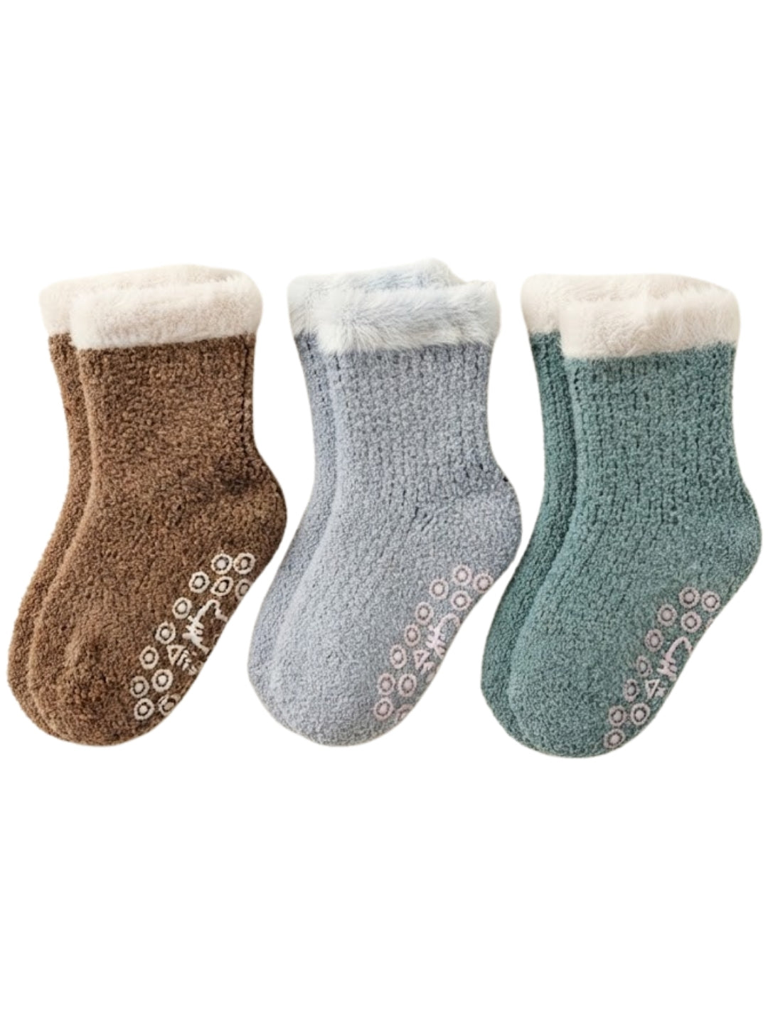 Cdeck Kids Winter Woolen Socks | Soft Fuzzy Rabbit Hair Wool Socks with Anti-Skid Sole | 0–4 Years | Pack of 3 | Brown, Blue & Green