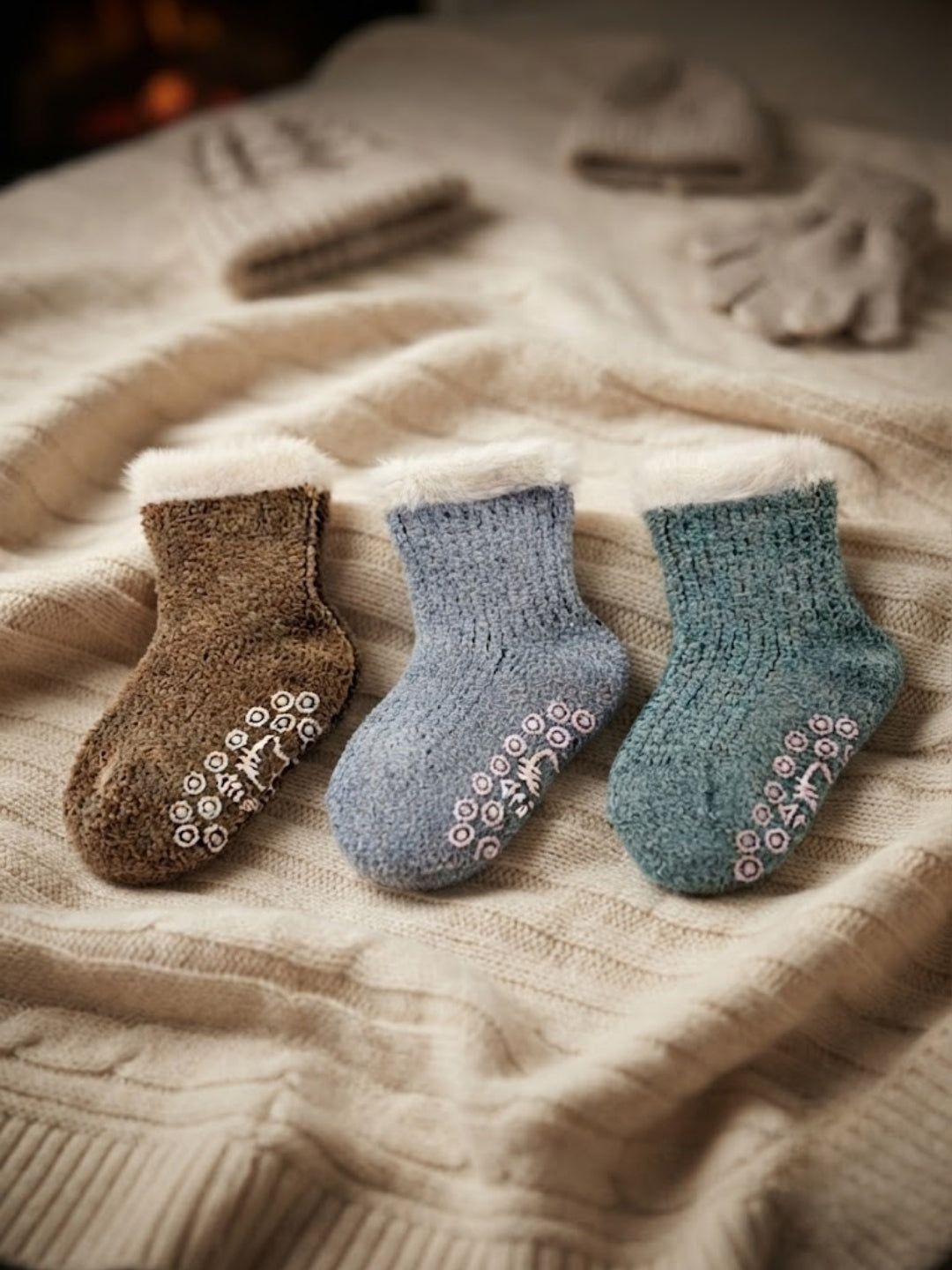 Cdeck Kids Winter Woolen Socks | Soft Fuzzy Rabbit Hair Wool Socks with Anti-Skid Sole | 0–4 Years | Pack of 3 | Brown, Blue & Green