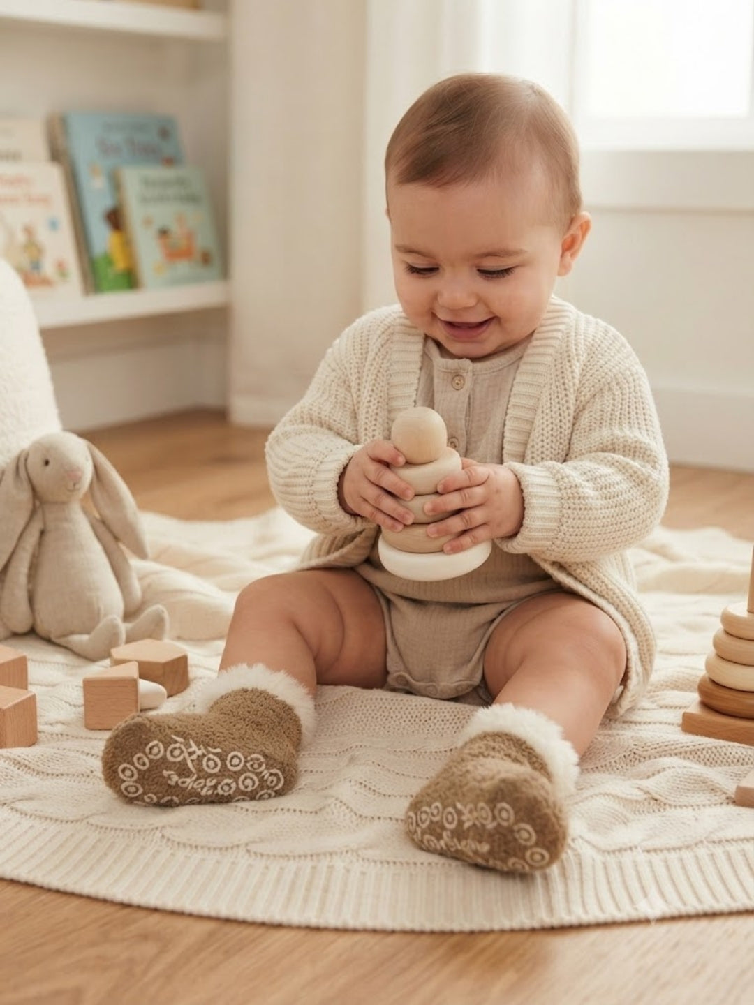 Cdeck Kids Winter Woolen Socks | Soft Fuzzy Rabbit Hair Wool Socks with Anti-Skid Sole | 0–4 Years | Pack of 3 | Brown, Blue & Green
