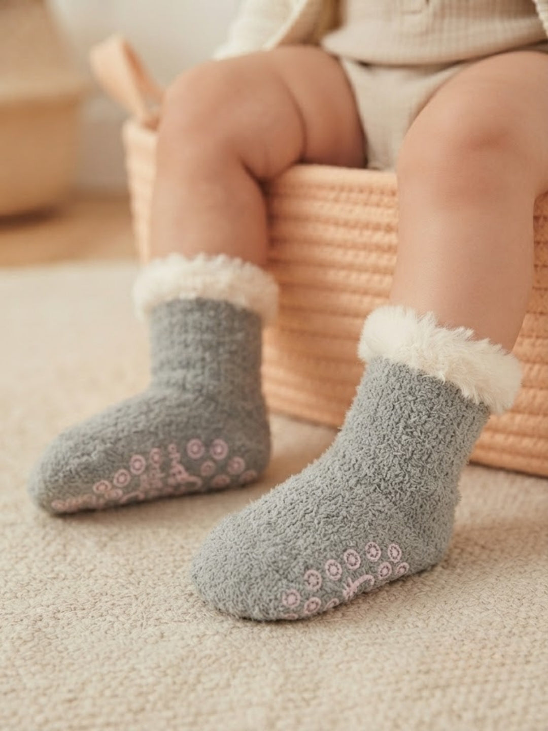 Cdeck Kids Winter Woolen Socks | Soft Fuzzy Rabbit Hair Wool Socks with Anti-Skid Sole | 0–4 Years | Pack of 3 | Brown, Blue & Green