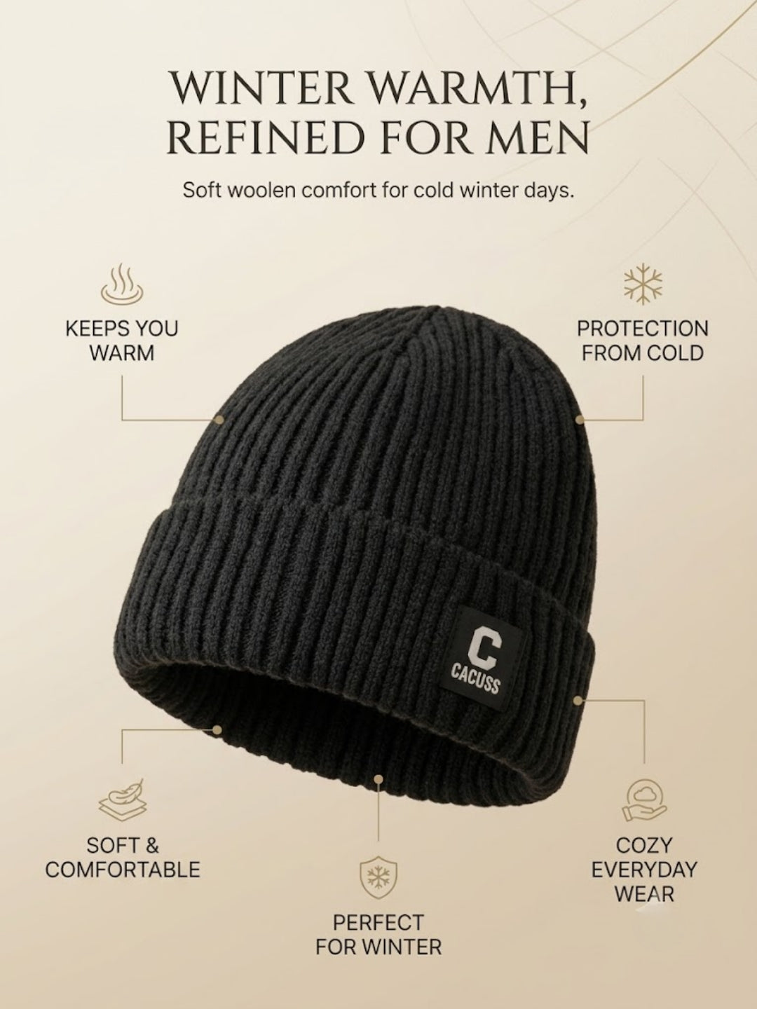 Cdeck Men’s Woolen Winter Cap | Ribbed Knitted Beanie | Free Size | Warm & Comfortable | Black