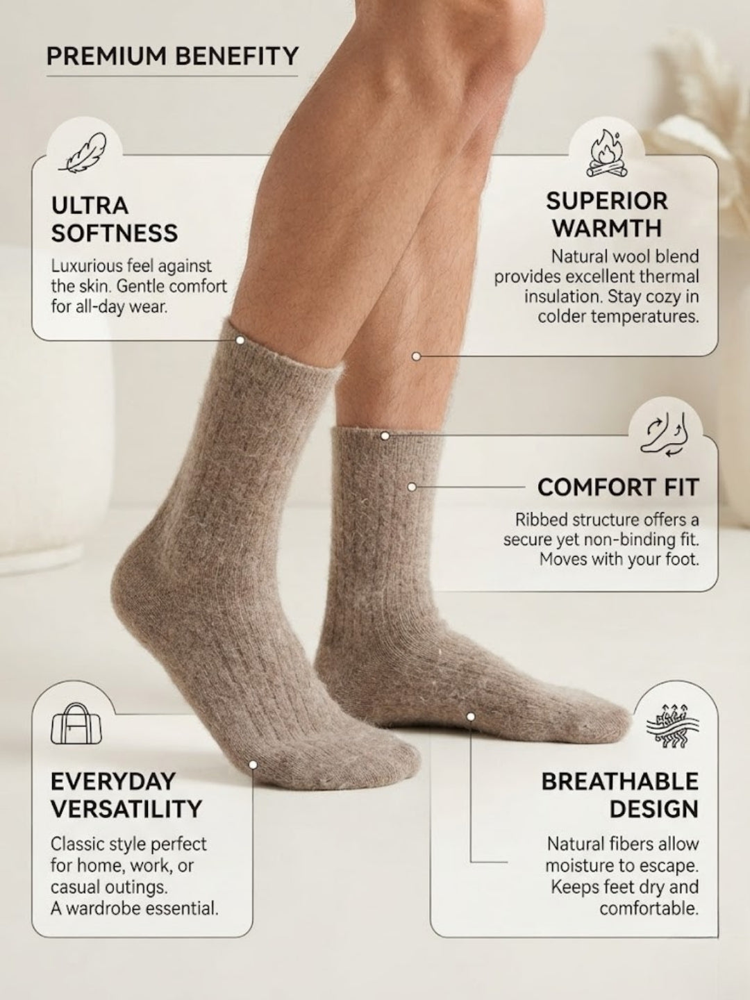 Cdeck Unisex Woolen Winter Socks | Soft Warm Wool Socks for Men & Women | Cozy Comfortable Winter Socks | Full Length | Brown