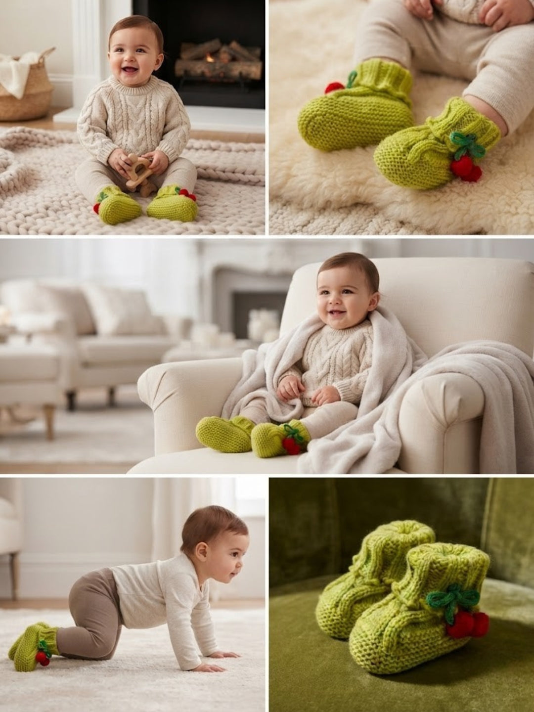 Cdeck Baby Wool Booties with Cherry Pom-Pom Design | Soft Knitted Baby Shoes | Cute Green Booties for Babies 0–9 Months