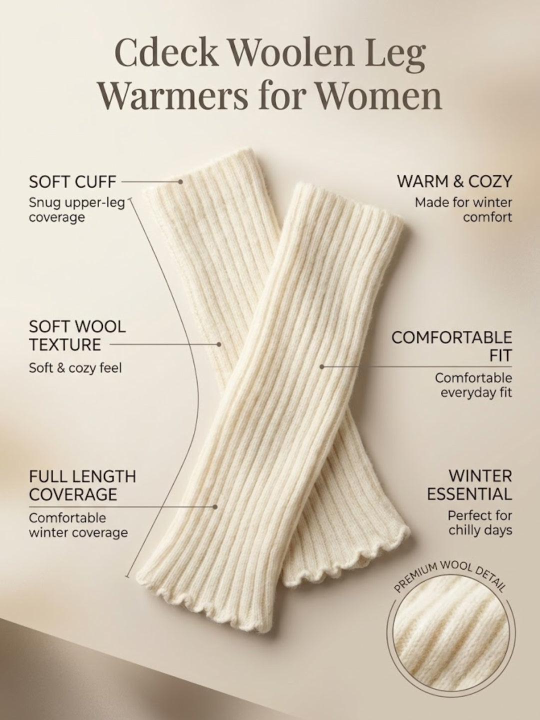 Cdeck Women’s Woolen Leg Warmers for Winter | Soft, Warm & Comfortable Leg Covers for Everyday Wear | Cream