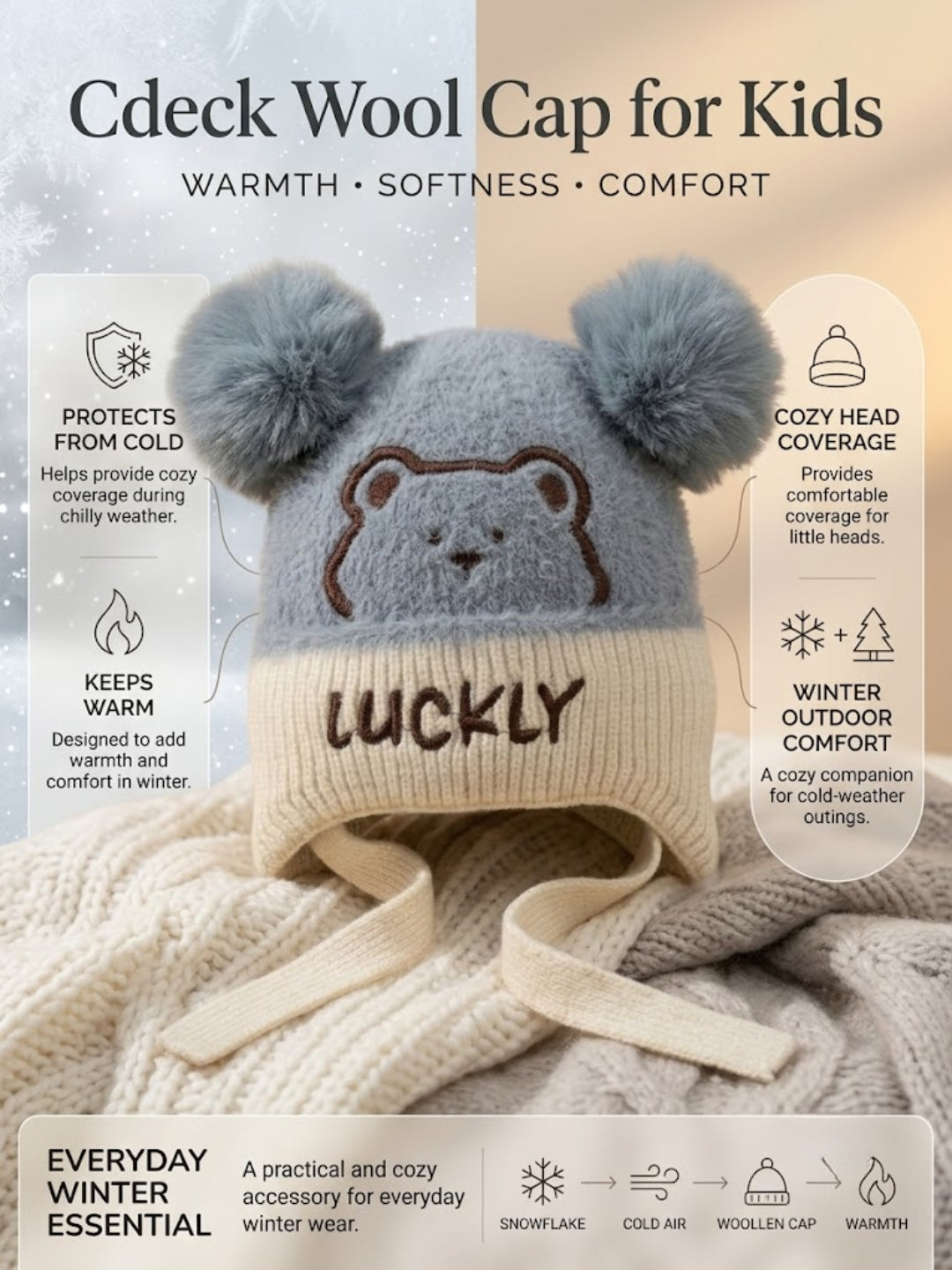 Cdeck Kids Woolen Winter Cap for Boys & Girls | Warm & Comfortable Winter Wear | 2–4 Years | Blue