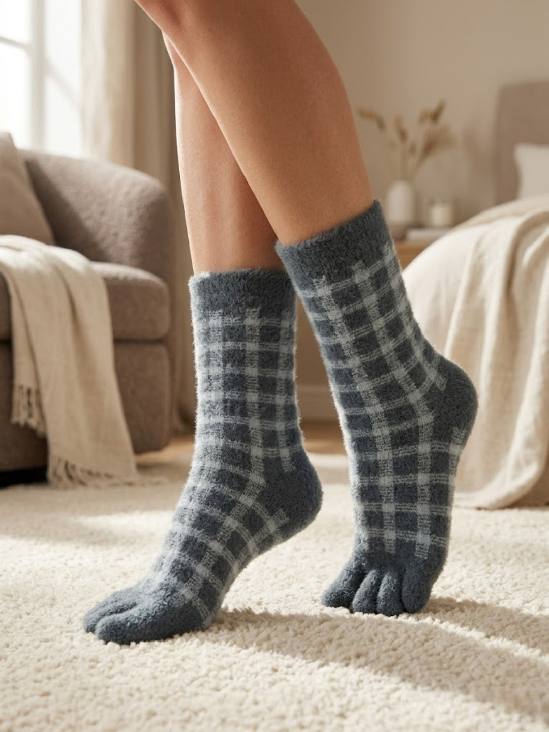 Cdeck Women’s Premium Rabbit Hair Wool Split-Toe Warm Winter Socks | Free Size | Grey & White