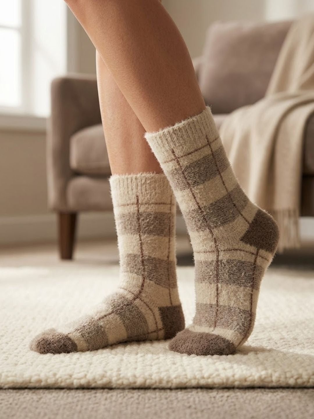 Cdeck Women’s Premium Hair Wool Fuzzy Socks | Soft & Warm Winter Socks | Beige & Brown