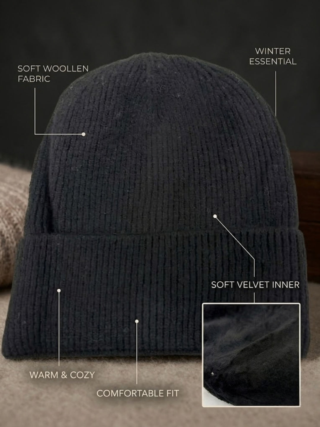 Cdeck Men’s Woolen Winter Cap | Soft, Warm & Comfortable Cap for Everyday Wear | Free Size | Black