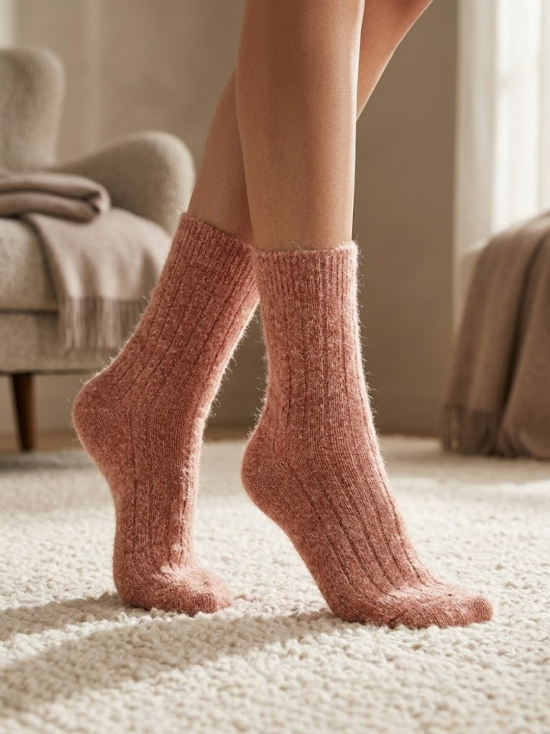 Cdeck Women’s Premium Fuzzy Socks – Soft Warm Winter Socks | Ribbed Design | Free Size | Peach