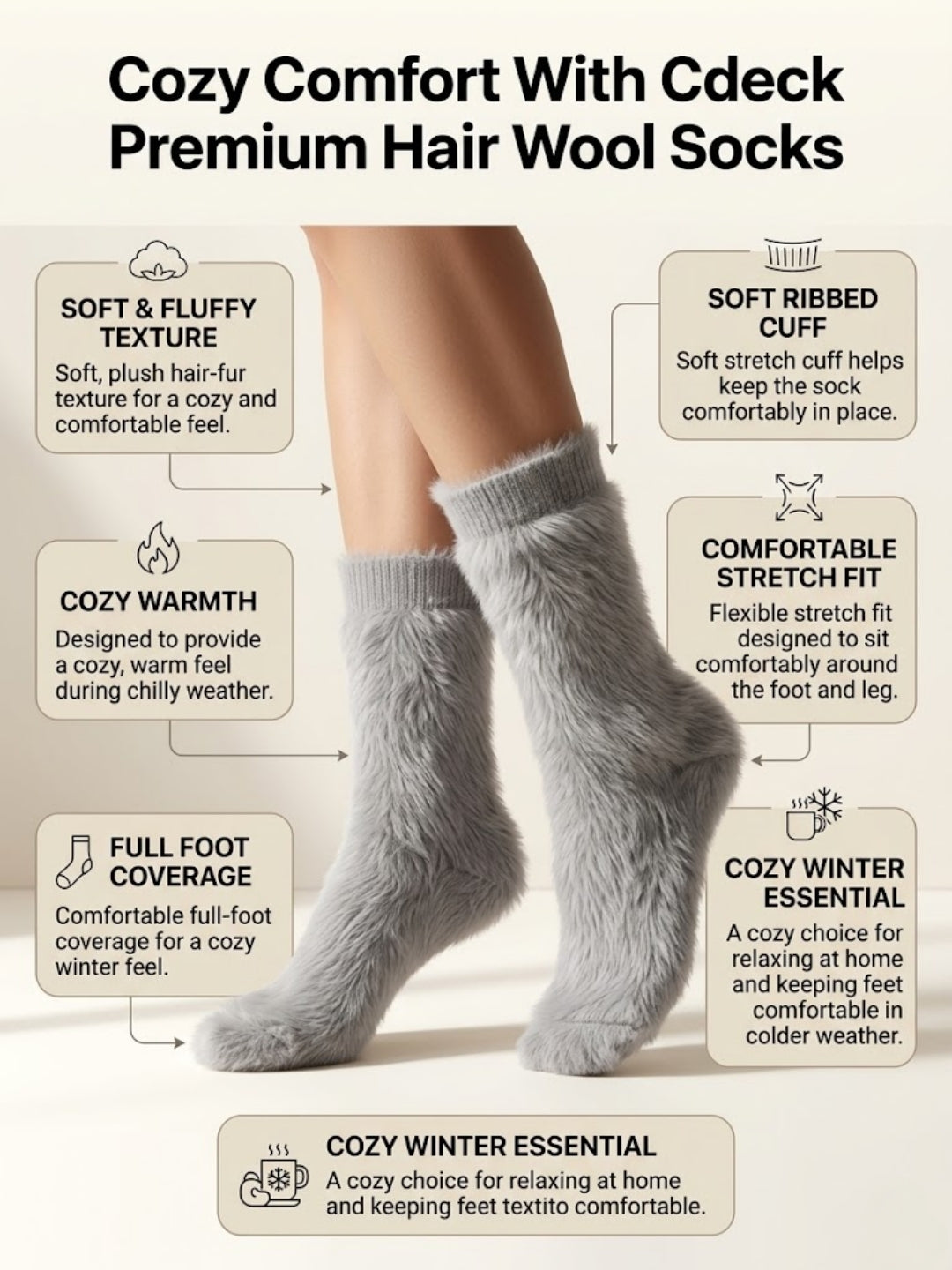 Cdeck Women’s Soft & Warm Woolen Fuzzy Socks | Cozy Thick Winter Socks for Women | Grey