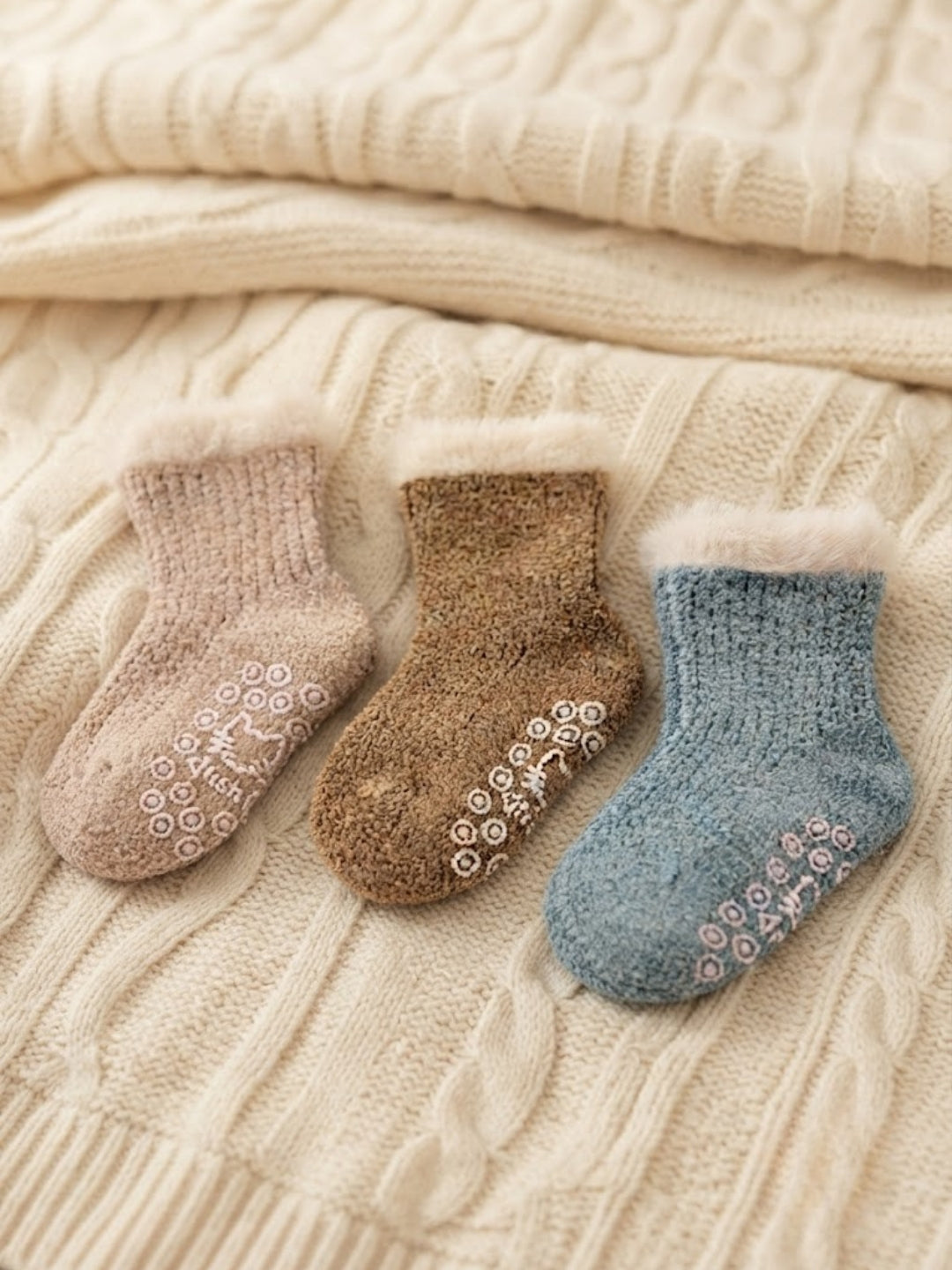 Cdeck Kids Winter Woolen Socks | Soft Fuzzy Rabbit Hair Wool Socks with Anti-Skid Sole | 0–4 Years | Pack of 3 | Lavender, Green & Pink