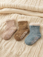 Cdeck Kids Winter Woolen Socks | Soft Fuzzy Rabbit Hair Wool Socks with Anti-Skid Sole | 0–4 Years | Pack of 3 | Lavender, Green & Pink