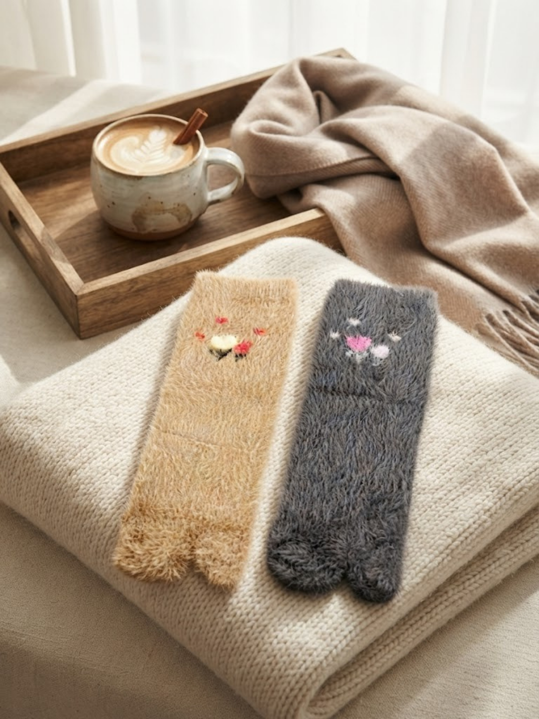 Cdeck Women’s Soft Wool Socks Combo | Cozy Beige & Grey Floral Socks