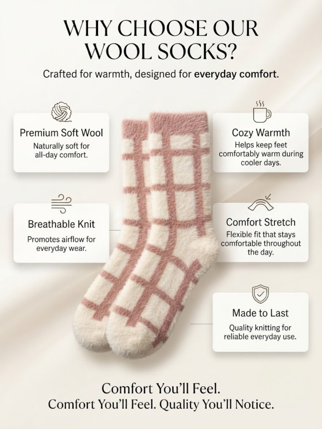 Cdeck Women’s Soft Wool Socks | Warm Pink & Cream Checkered Socks