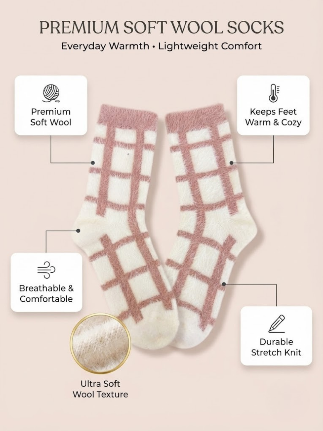 Cdeck Women’s Soft Wool Socks | Warm Pink & Cream Checkered Socks