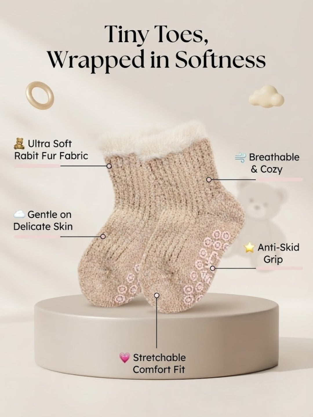 Cdeck Kids Winter Woolen Socks | Soft Fuzzy Rabbit Hair Wool Socks with Anti-Skid Sole | 0–4 Years | Pack of 3 | Lavender, Green & Pink