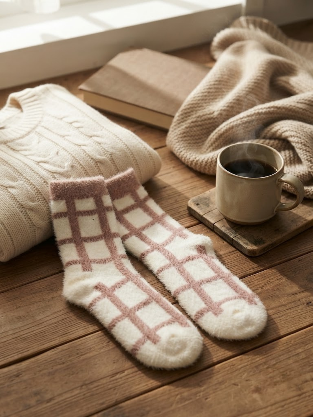 Cdeck Women’s Soft Wool Socks | Warm Pink & Cream Checkered Socks