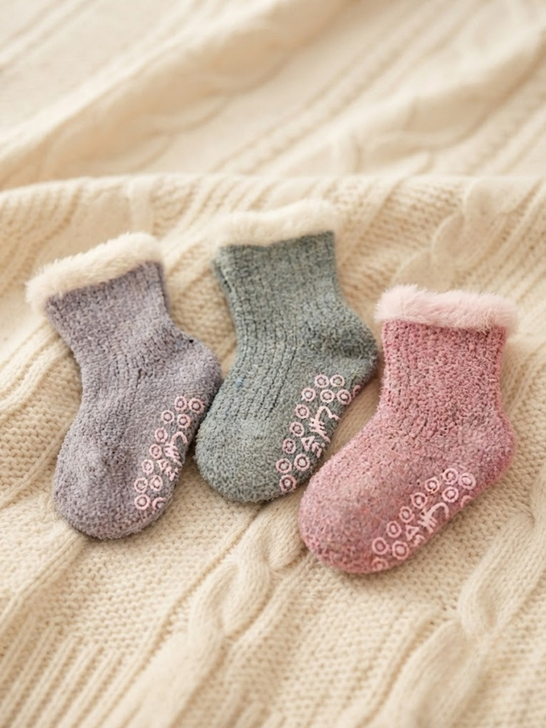 Cdeck Kids Winter Woolen Socks | Soft Fuzzy Rabbit Hair Wool Socks with Anti-Skid Sole | 0–4 Years | Pack of 3 | Multicolor