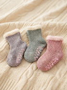 Cdeck Kids Winter Woolen Socks | Soft Fuzzy Rabbit Hair Wool Socks with Anti-Skid Sole | 0–4 Years | Pack of 3 | Multicolor