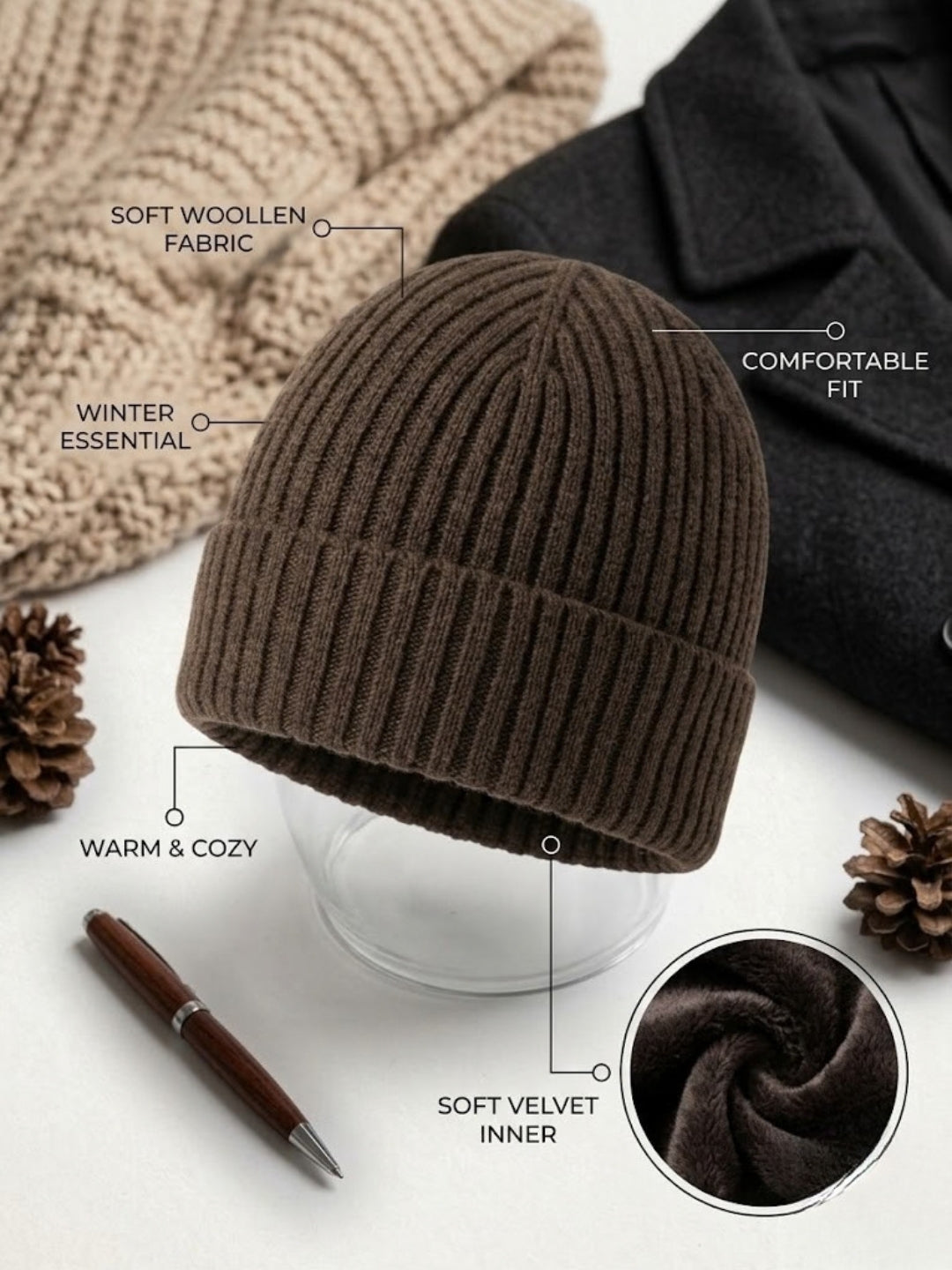 Cdeck Men’s Woolen Winter Cap | Soft, Warm & Comfortable Cap for Everyday Wear | Free Size  | Brown