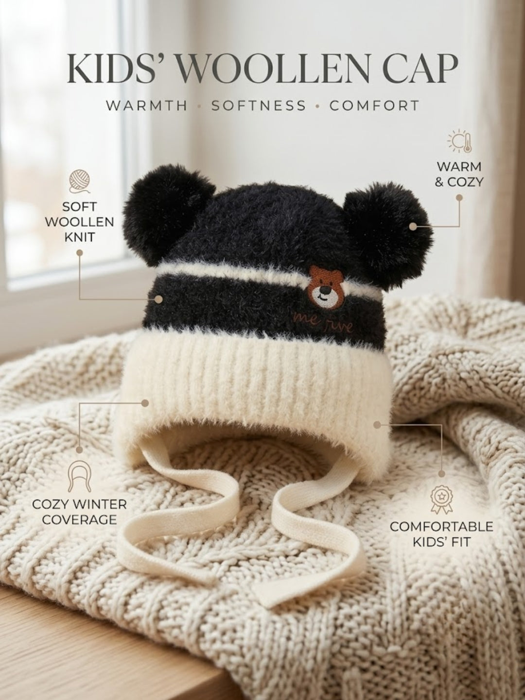 Cdeck Kids Woolen Winter Cap for Boys & Girls | Warm & Comfortable Winter Wear | 2–4 Years| Black