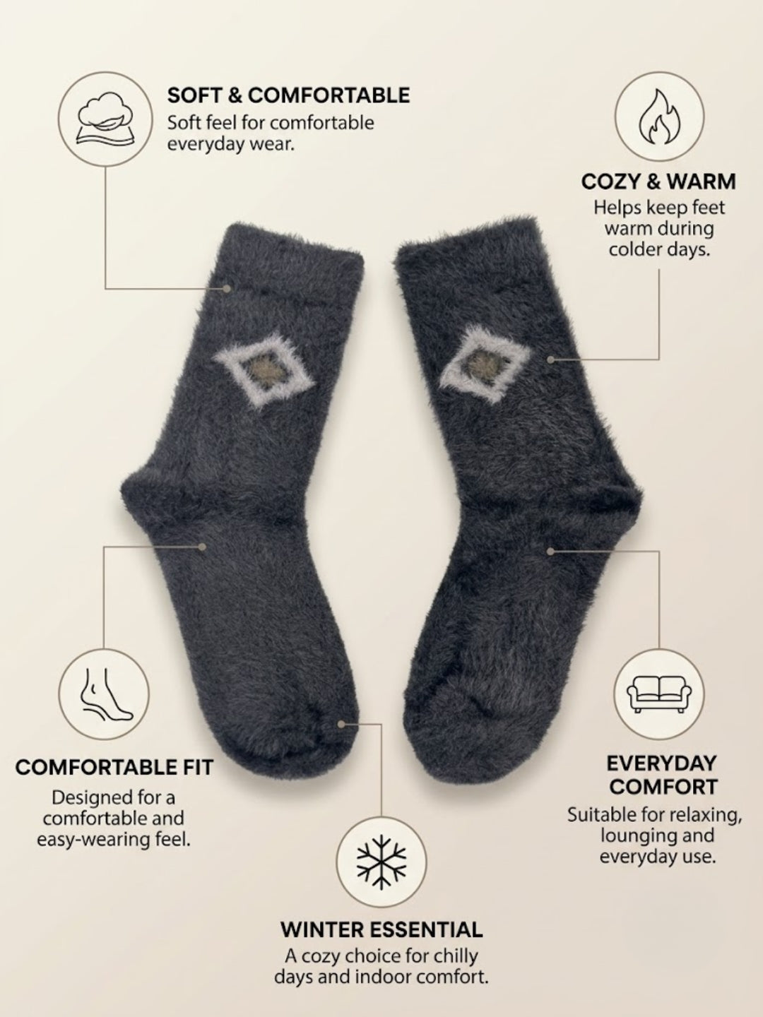 Cdeck Men’s Premium Hair Wool Winter Socks | Single Pair | Soft, Fuzzy, Warm & Comfortable Free Size | Navy Blue