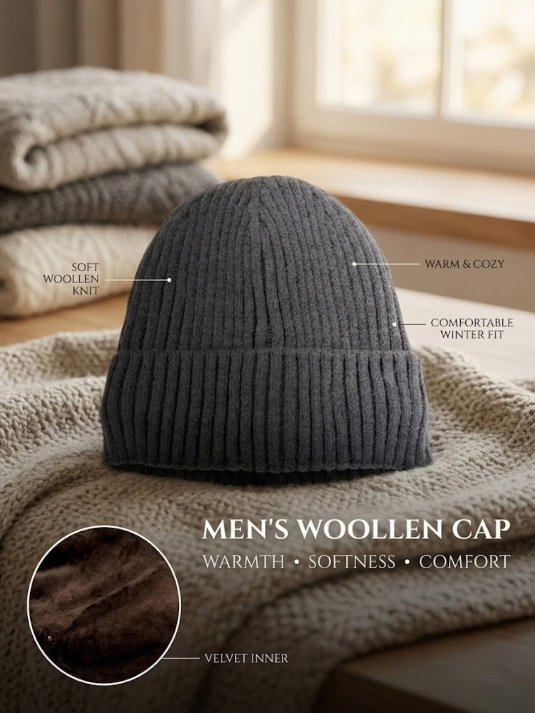 Cdeck Men’s Woolen Winter Cap | Soft, Warm & Comfortable Cap for Everyday Wear | Free Size | Grey