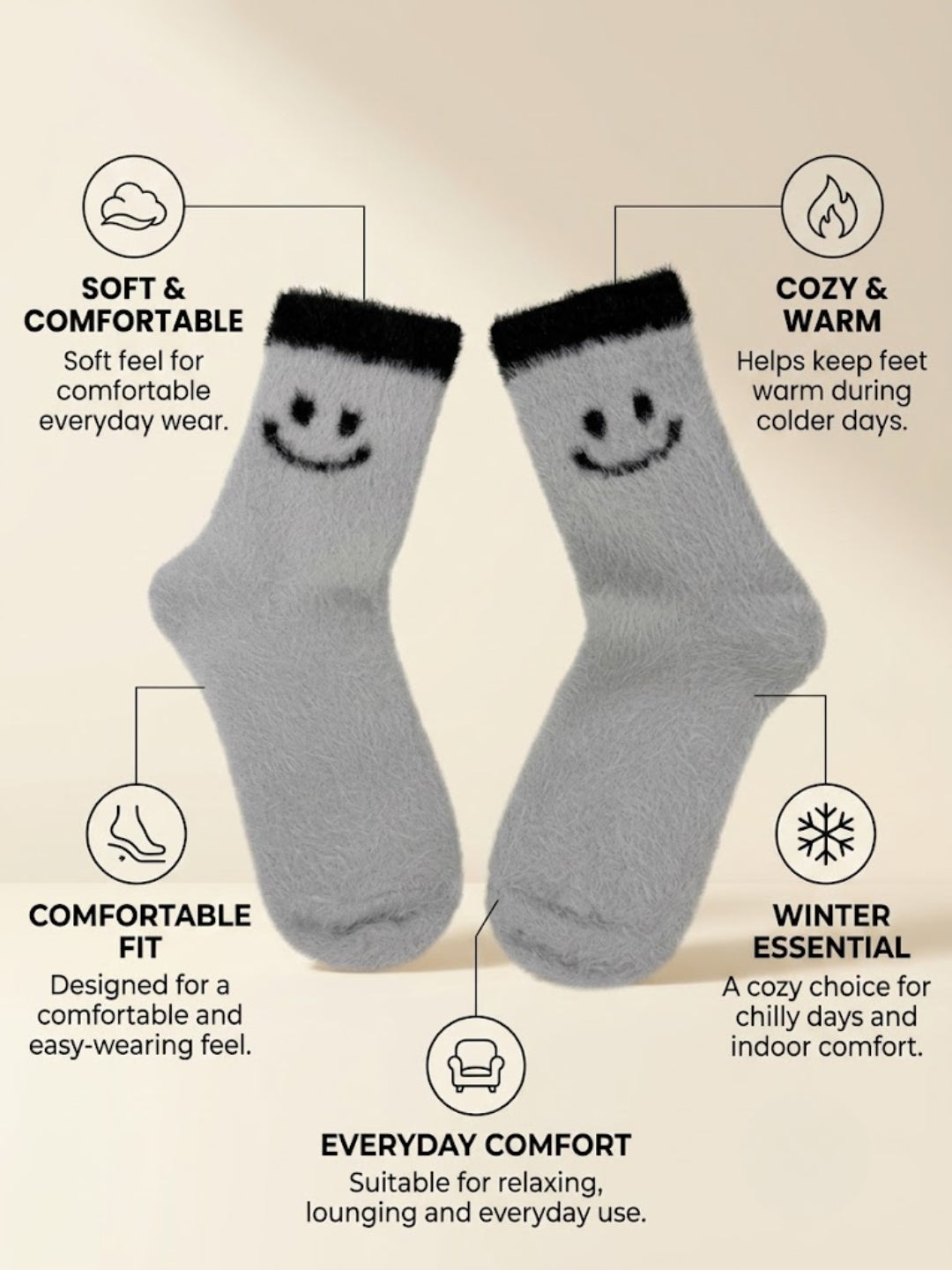 Cdeck Women’s Fuzzy Socks Combo | Soft & Warm Winter Socks with Cute Design | Black & Grey | Free Size