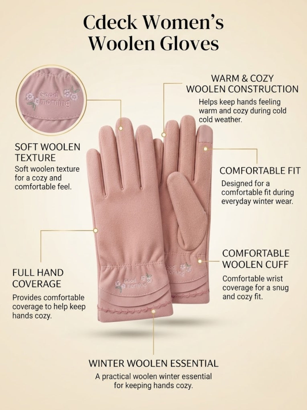 Cdeck Women’s Woolen Gloves | Warm Winter Gloves | Touchscreen Friendly | Free Size | Pink