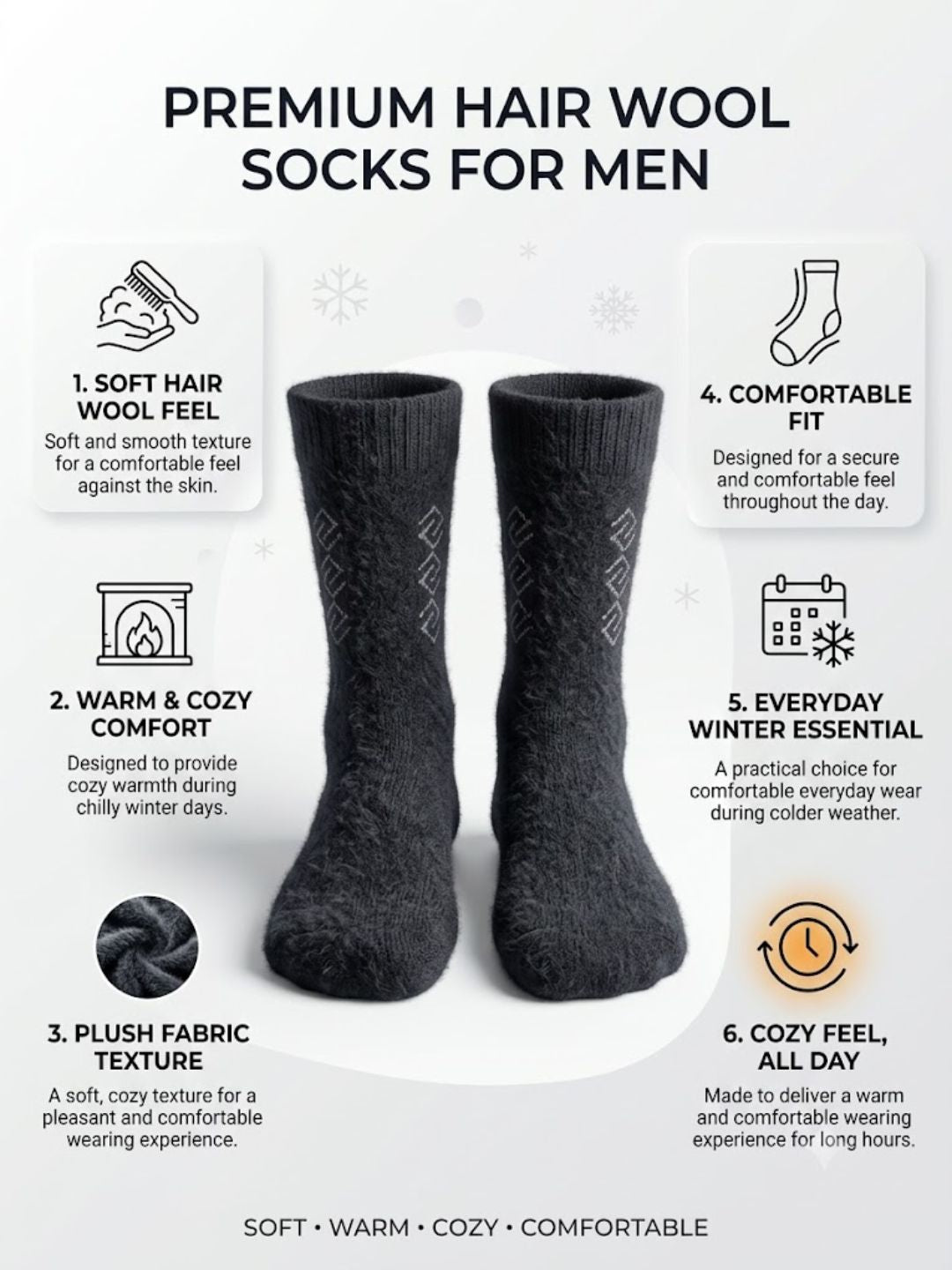 Cdeck Men’s Hair Wool Winter Socks | Soft, Warm & Comfortable | Black & Dark Grey Combo | Free Size