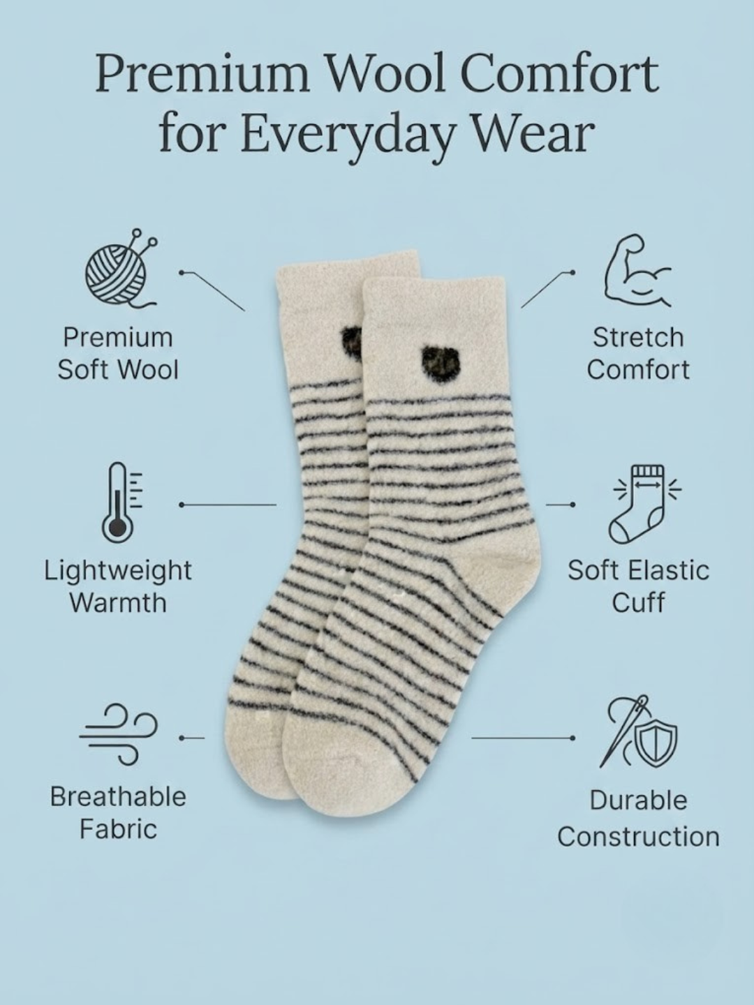 Cdeck Men’s Soft Wool Socks | Warm Cream Striped Cozy Socks