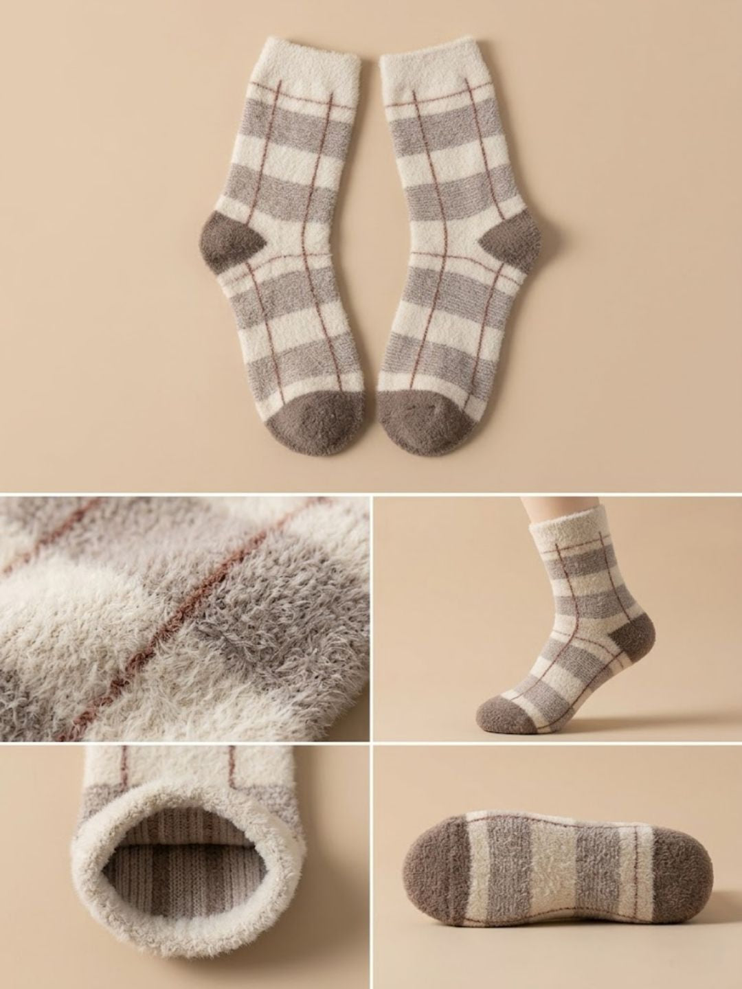 Cdeck Women’s Premium Hair Wool Fuzzy Socks | Soft & Warm Winter Socks | Beige & Brown