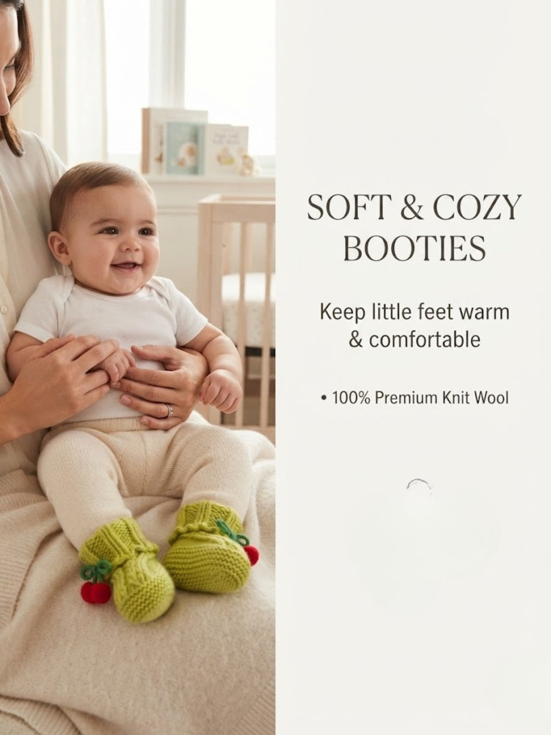 Cdeck Baby Wool Booties with Cherry Pom-Pom Design | Soft Knitted Baby Shoes | Cute Green Booties for Babies 0–9 Months
