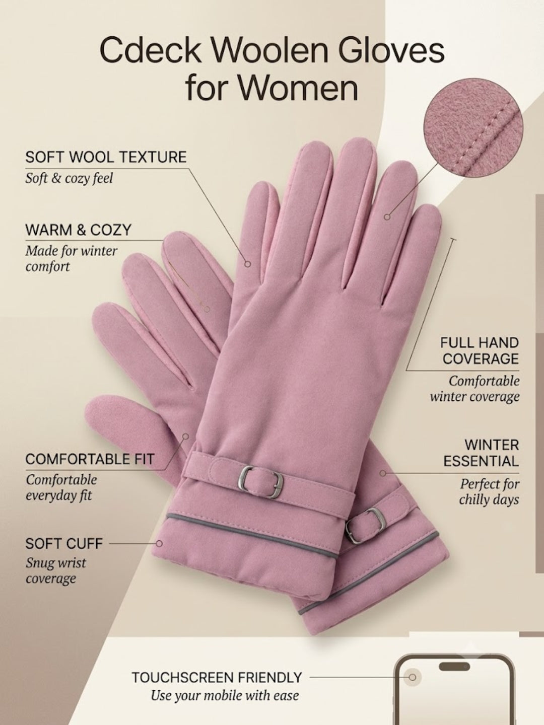 Cdeck Women’s Woolen Gloves | Warm Winter Gloves | Touchscreen Friendly | Free Size | Pink