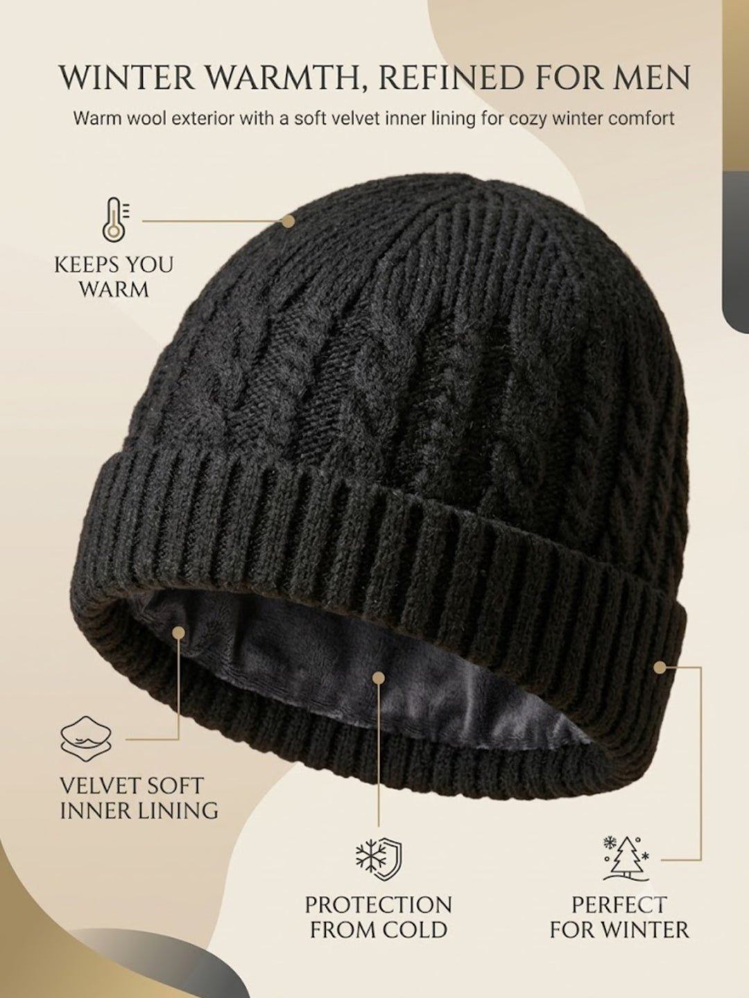Cdeck Men’s Winter Woolen Cap | Ribbed Knit Beanie | Free Size | Soft & Warm | Black