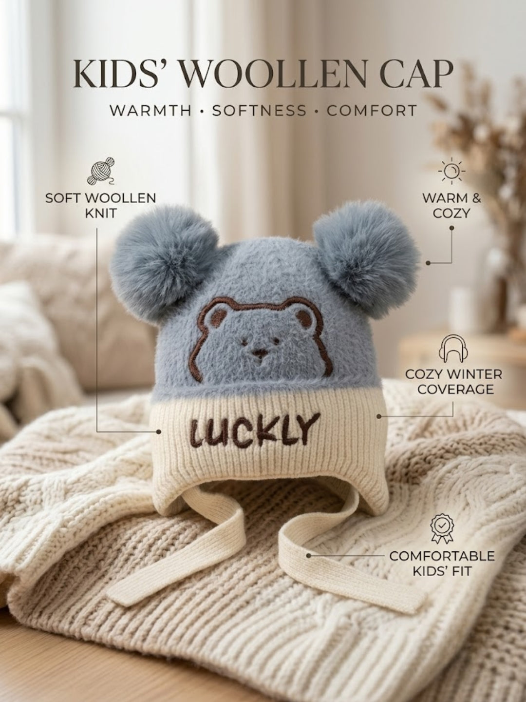 Cdeck Kids Woolen Winter Cap for Boys & Girls | Warm & Comfortable Winter Wear | 2–4 Years | Blue