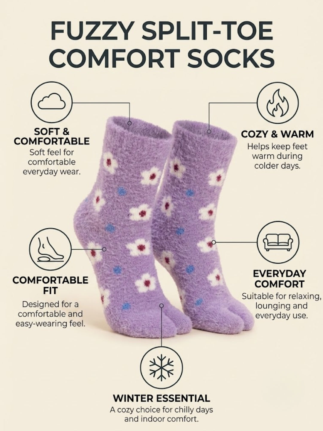 Cdeck Women Soft Fuzzy Winter Socks | Warm & Cozy Floral Pattern | Free Size | Purple