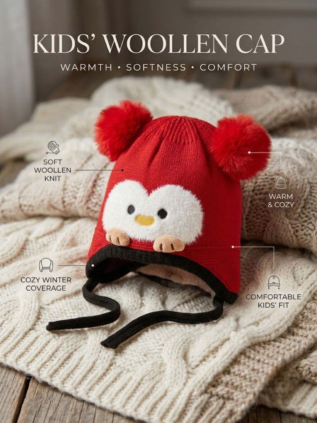 Cdeck Kids Woolen Winter Cap for Boys & Girls | Warm & Comfortable Winter Wear | 2–4 Years | Red