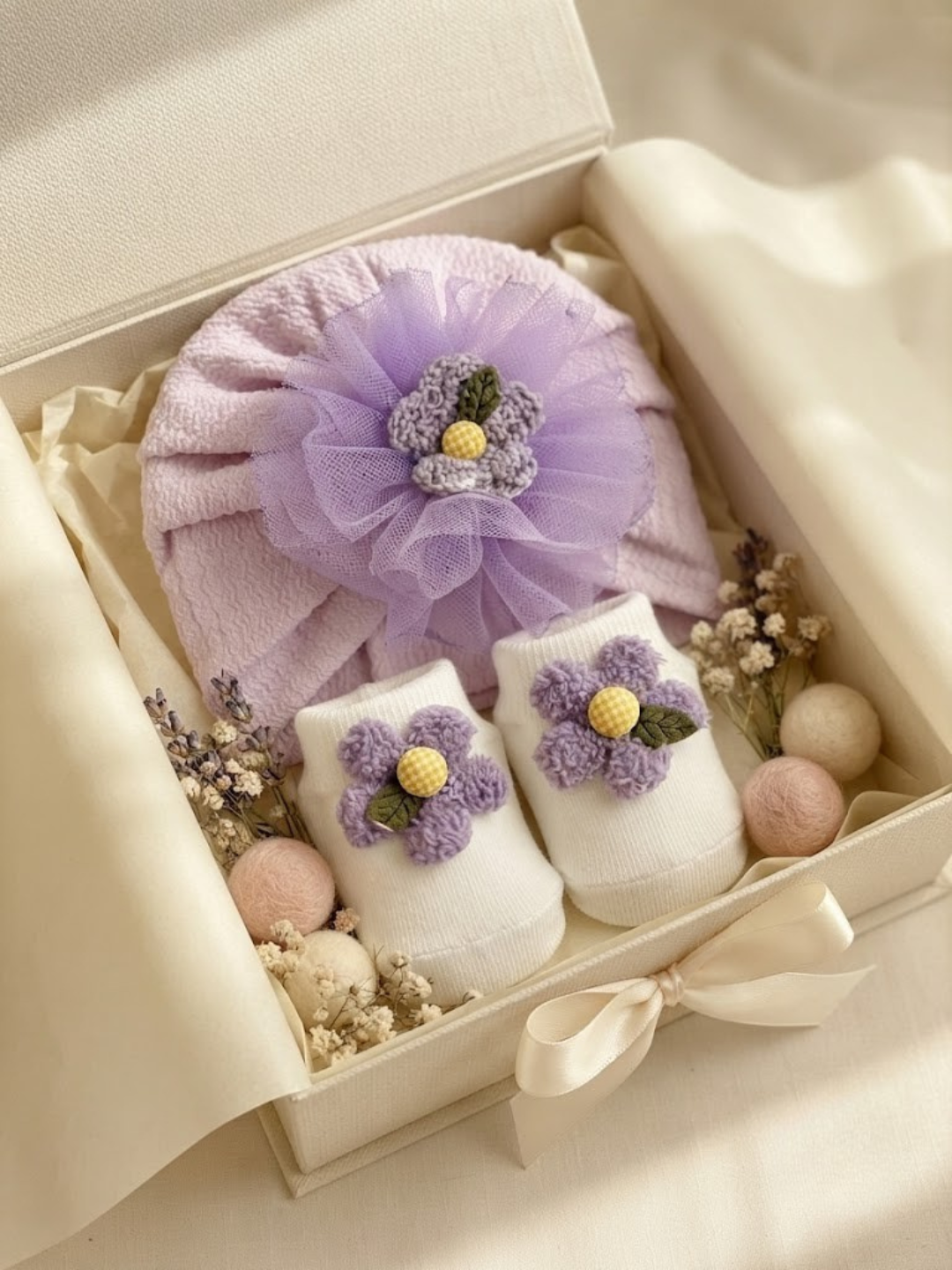 Cdeck Pure Cotton Socks and Cap Set for Baby | Soft Floral Design | Comfortable & Cute