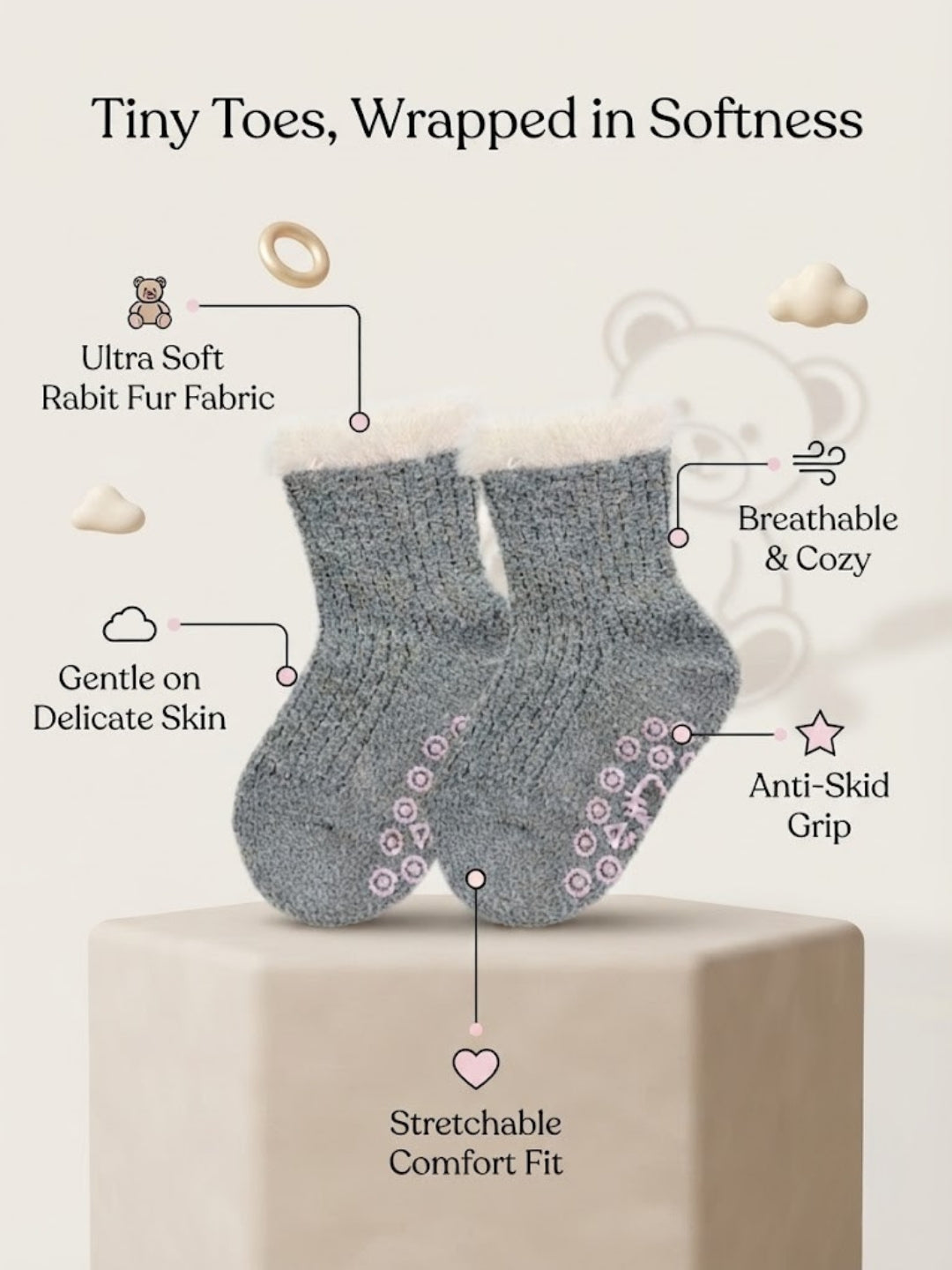 Cdeck Kids Winter Woolen Socks | Soft Fuzzy Rabbit Hair Wool Socks with Anti-Skid Sole | 0–4 Years | Pack of 3 | Multicolor