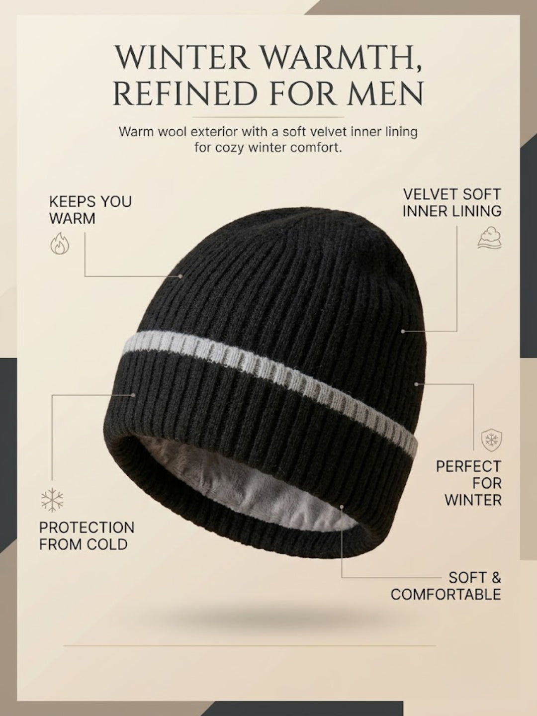 Cdeck Men’s Winter Woolen Cap | Ribbed Knit Beanie | Free Size | Soft & Warm | Black
