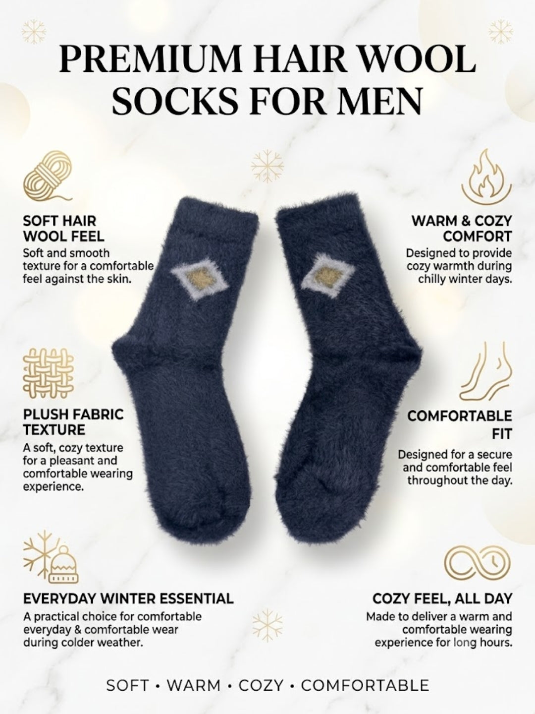 Cdeck Men’s Premium Hair Wool Winter Socks | Single Pair | Soft, Fuzzy, Warm & Comfortable Free Size | Navy Blue