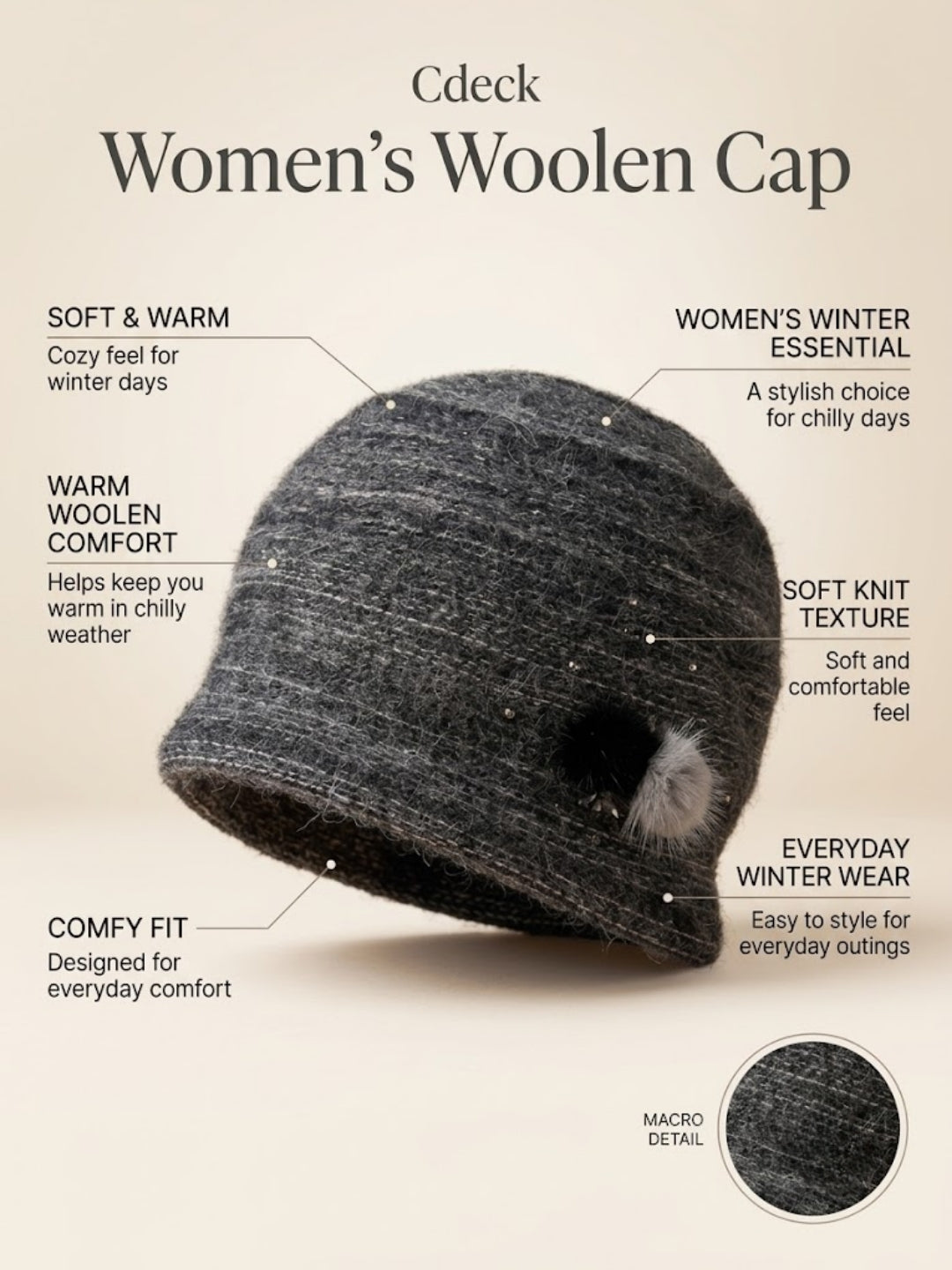 Cdeck Women Woolen Cap | Soft Knitted Winter Beanie for Women | Warm & Stylish Winter Wear | Free Size| Grey