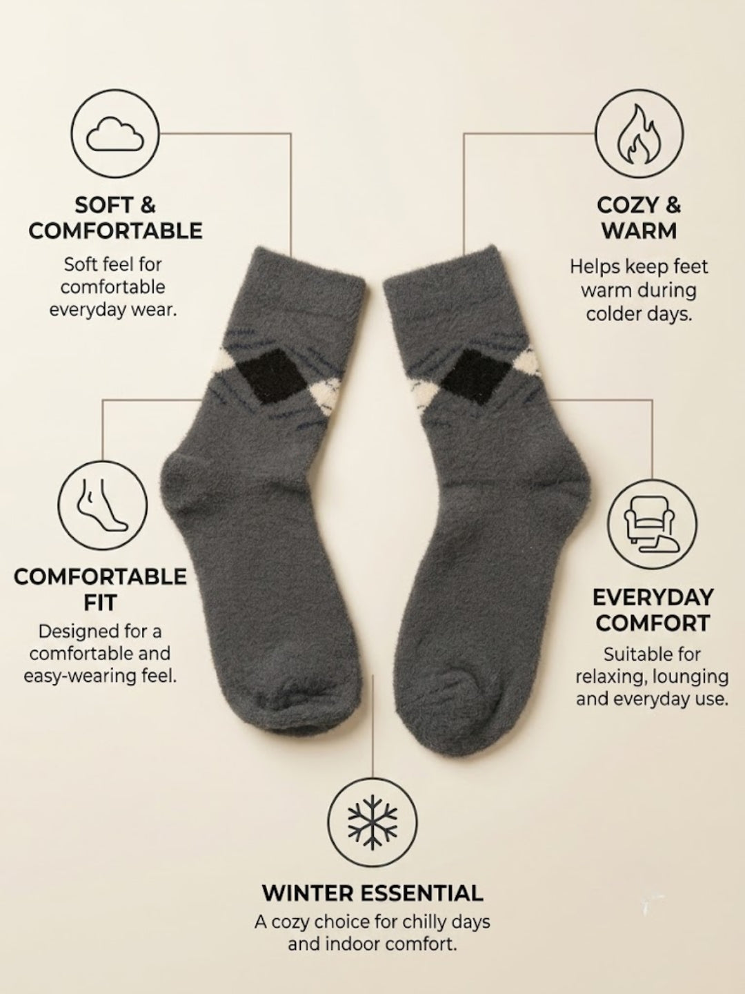 Cdeck Men’s Premium Hair Wool Winter Socks  | Soft, Fuzzy, Warm & Comfortable | Dark Grey| Free Size