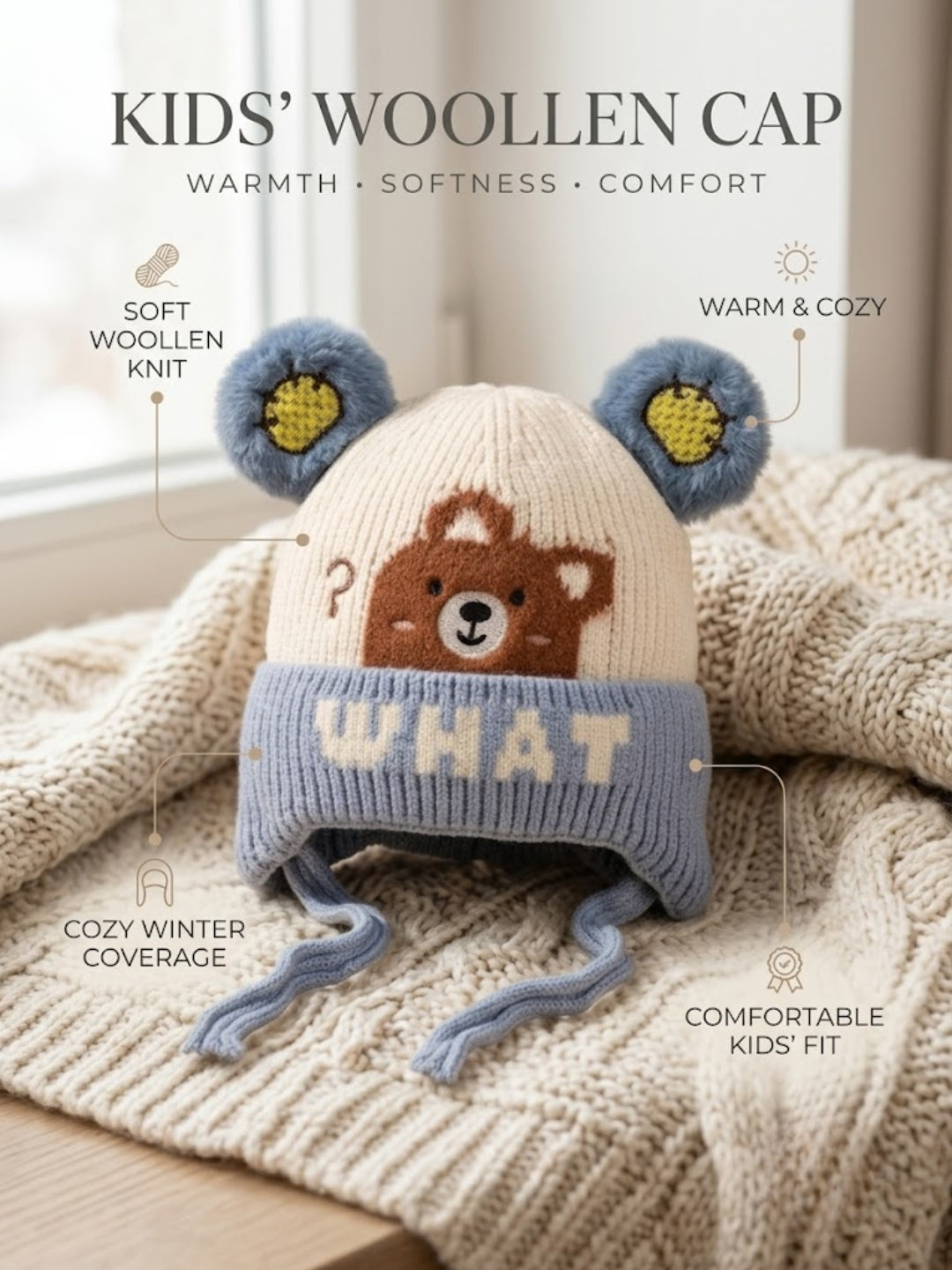 Cdeck Kids Woolen Winter Cap for Boys & Girls | Warm & Comfortable Winter Wear | 2–4 Years | Blue