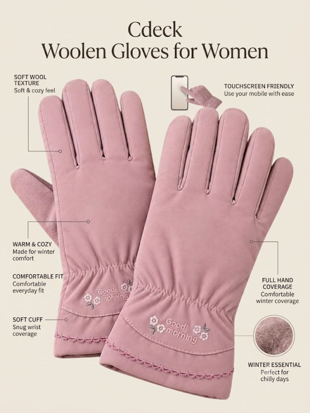 Cdeck Women’s Woolen Gloves | Warm Winter Gloves | Touchscreen Friendly | Free Size | Pink