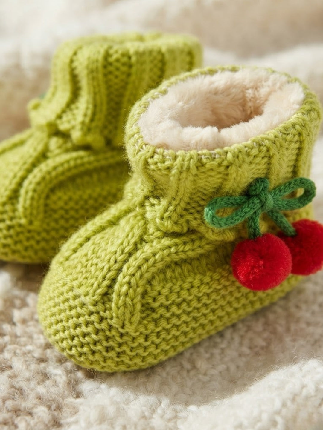 Cdeck Baby Wool Booties with Cherry Pom-Pom Design | Soft Knitted Baby Shoes | Cute Green Booties for Babies 0–9 Months