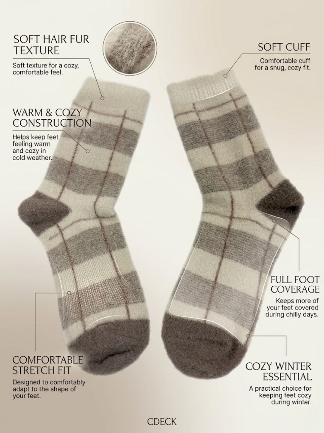 Cdeck Women’s Premium Hair Wool Fuzzy Socks | Soft & Warm Winter Socks | Beige & Brown